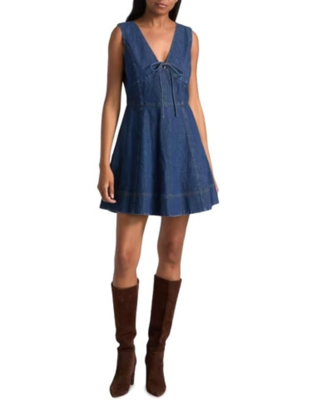 ✨Modern Aesthetic VELVET HEART Paneled Fit & Flare V-neck Jeans Denim Dress NEW!